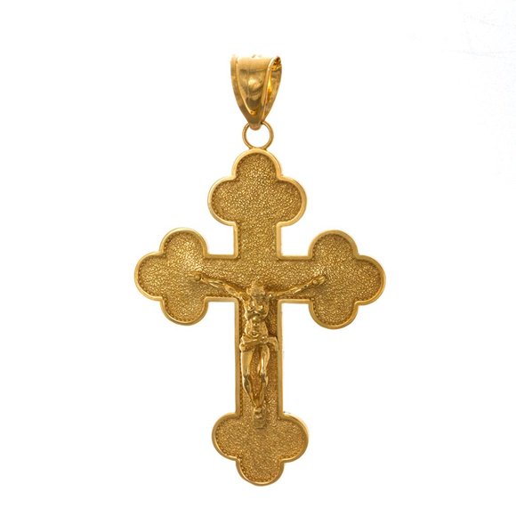 14k Yellow Gold Crucifix w Budded Spade Tips Necklace Pendant